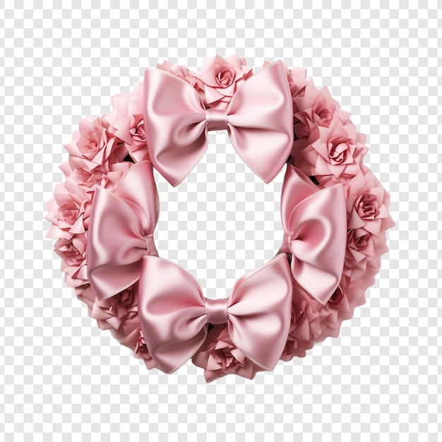 A pink christmas wreath with a pink bow isolated on transparent background