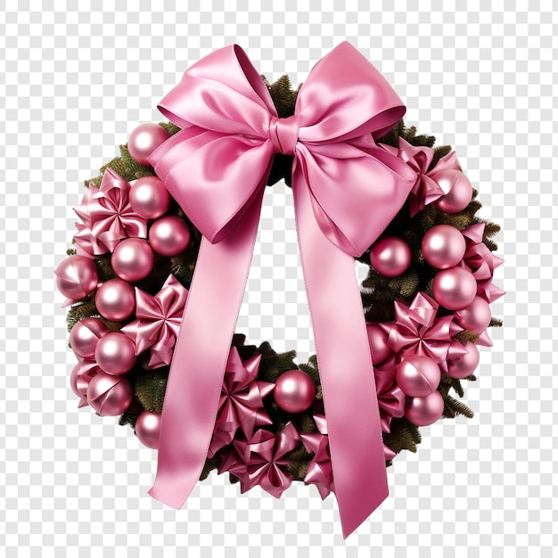 PSD a pink christmas wreath with a pink bow isolated on transparent background