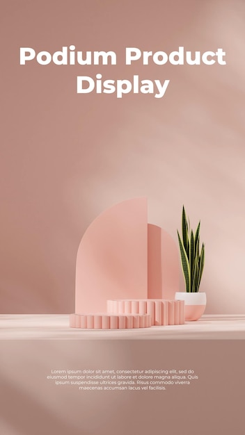 pink color curved cylinder podium in portrait pot and half archs 3d image render blank mockup
