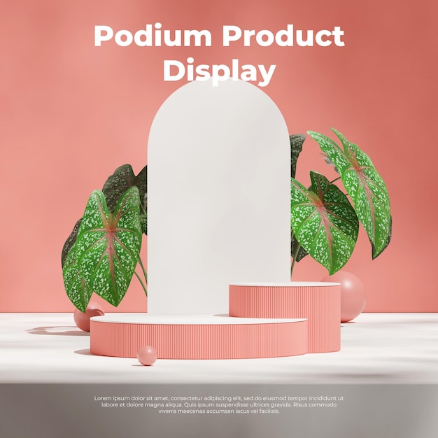 pink color curved cylinder podium in square arch and spheres 3d rendering template mockup