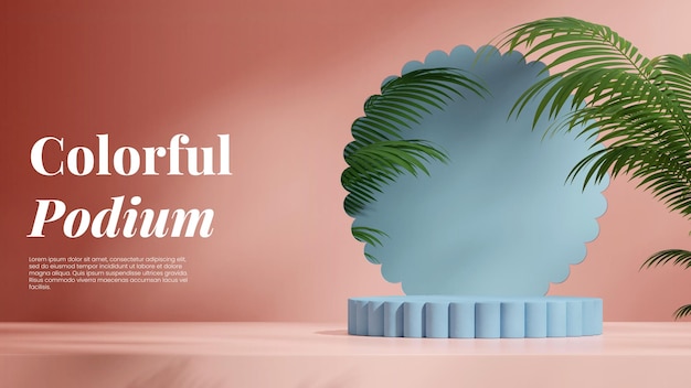 pink color wall and palm tree 3d render image blank space light blue cylinder podium in landscape
