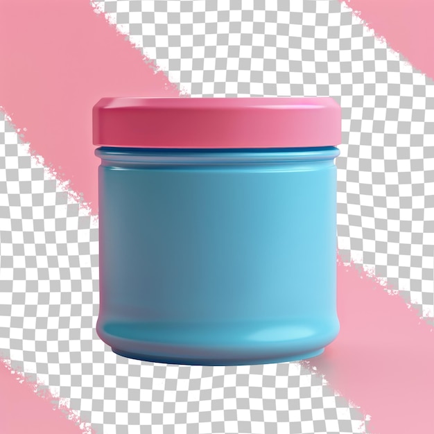 A pink container with a blue lid is on a pink background