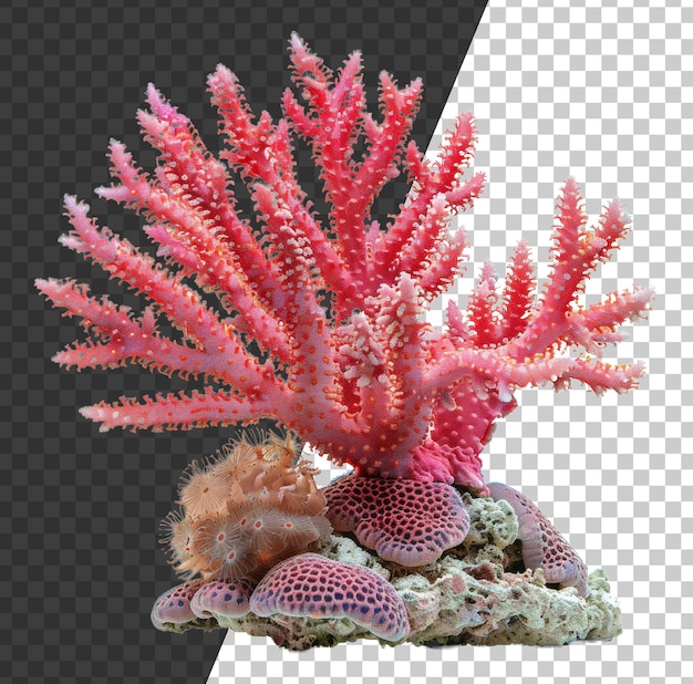 Pink coral reef with polyps and sea sponges on transparent background stock png