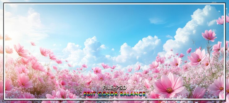 PSD ピンクコスモス フィールド 晴れた空 春