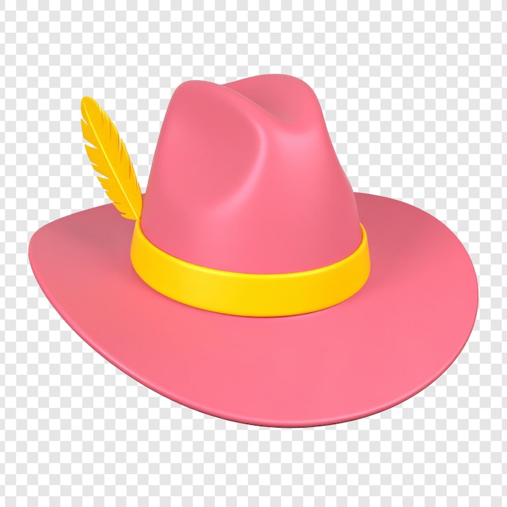 PSD pink cowboy hat with yellow band and feather illustration