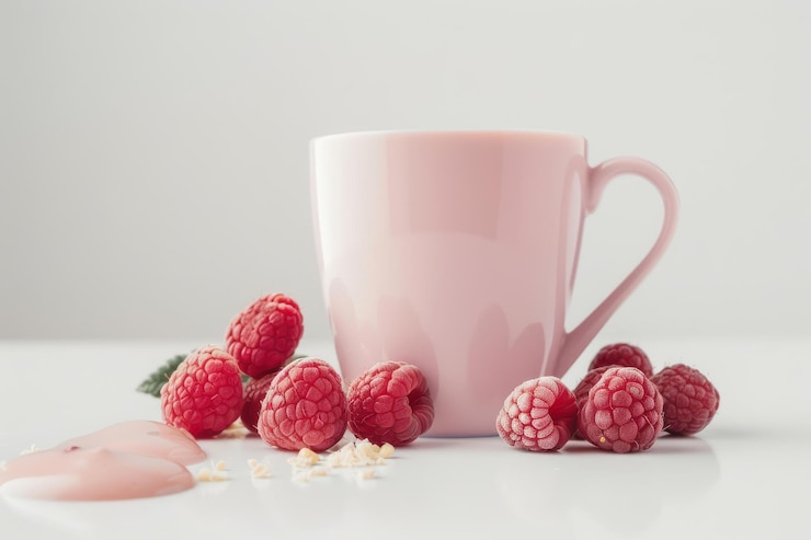 PSD a pink cup surrounded by fresh raspberries on a light surface showcasing a vibrant and inviting fruit arrangement