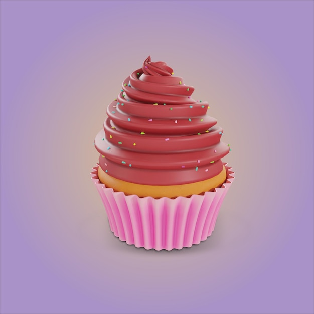 A pink cupcake with chocolate frosting and sprinkles on it.