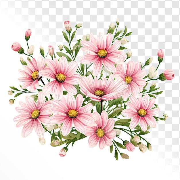 PSD pink daisies with cream and gold green leaves on transparent background