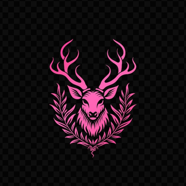 Pink deer head with a wreath on the black background