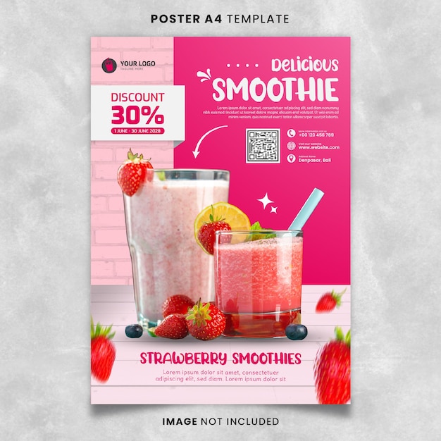 PSD modello a4 di poster di frullato di fragole rosa delizioso pronto per la stampa