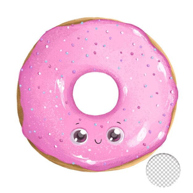 PSD a pink donut with a smiley face and a pink icing.