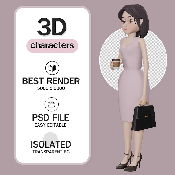 PSD pink dress confident young female manager holding a cup of coffee 3d rendering