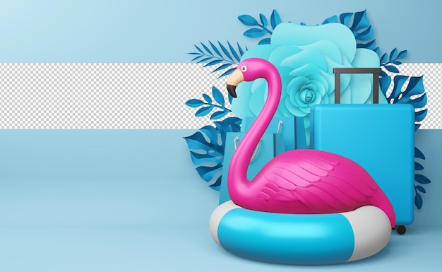 Розовый фламинго и кольцо для плавания с цветком, летний сезон, летний шаблон 3d-рендеринга