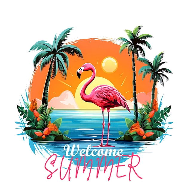 A pink flamingo is on the beach and is written on the poster