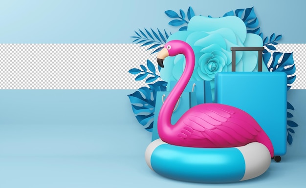 PSD pink flamingo and swimming ring with flower, summer season, summer template 3d rendering