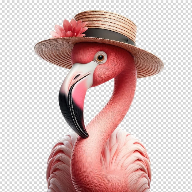 PSD a pink flamingo with a hat on its head