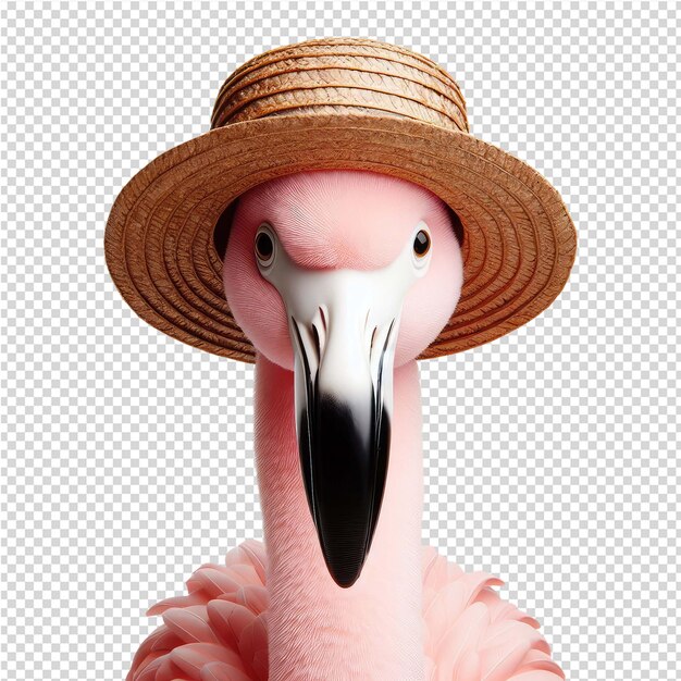 PSD a pink flamingo with a straw hat on its head