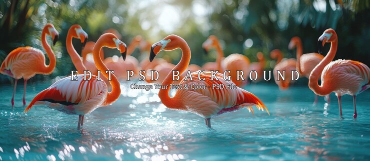 PSD pink flamingos in a lagoon