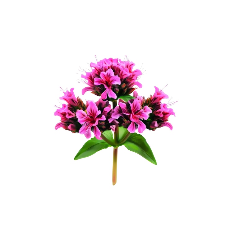 PSD pink flower with green leaves on white background