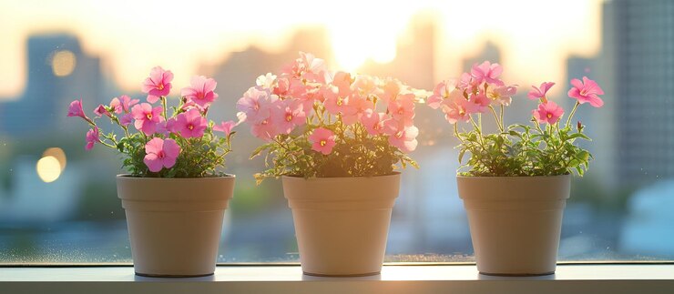 PSD pink flowers in pots at sunset against a city skyline