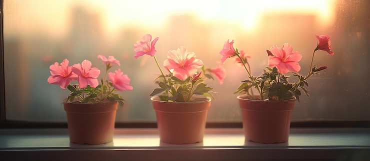 PSD pink flowers in pots on a windowsill at sunset