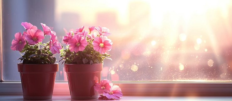 PSD pink flowers in pots on windowsill with sunbeams