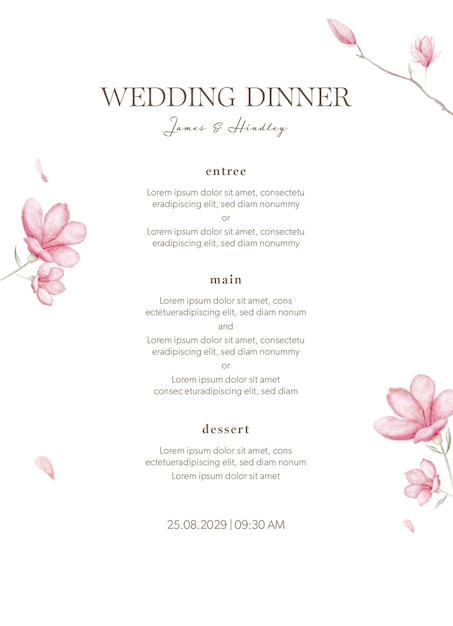 pink flowers wedding menu standard_5x7