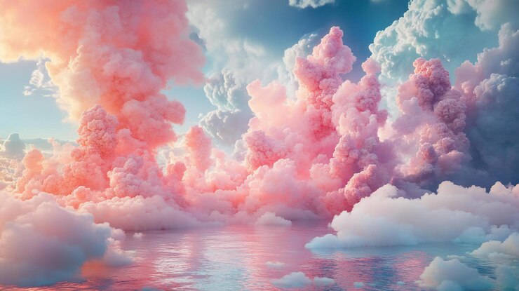 PSD pink fluffy clouds over a calm reflective sea