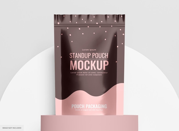 PSD pink foil seal pouch bag mockup on abstract background