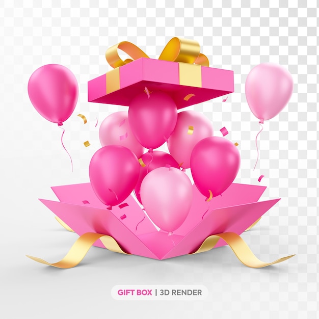 PSD scatola regalo rosa rendering 3d con palloncini