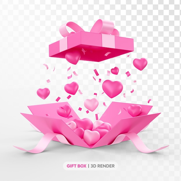 PSD pink gift box 3d render with hearts