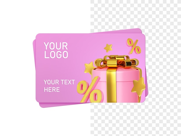 PSD pink gift certificate or discount card with golden gift box and percent and star 3d illustration