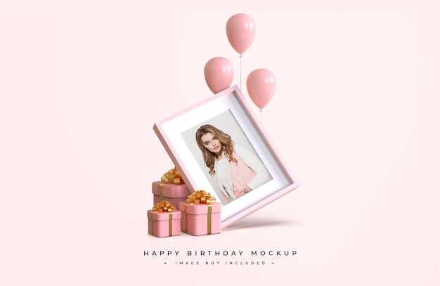 Mockup di buon compleanno rosa e oro