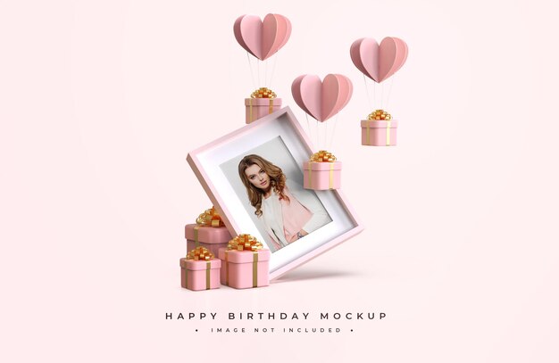 Mockup di buon compleanno rosa e oro