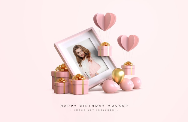 Mockup di buon compleanno rosa e oro