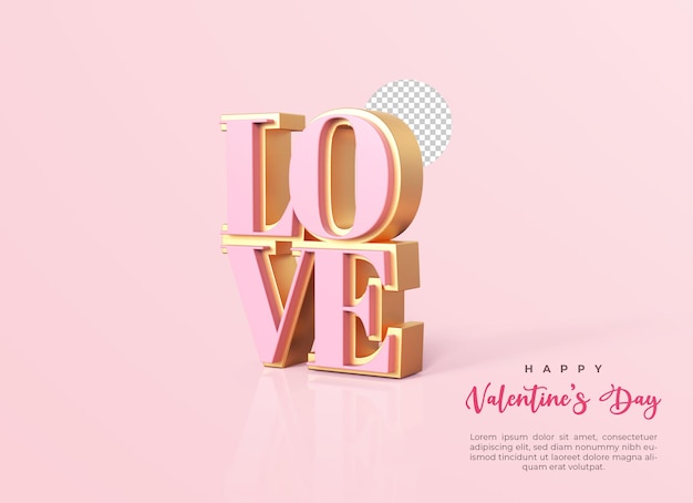 Pink gold text Love valentine's day concept 3d rendering