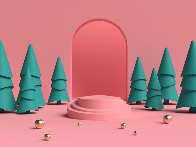 Pink and green 3D rendering of abstract scene geometry shape podium for product display