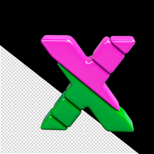 PSD lettera x di simbolo 3d di plastica rosa e verde
