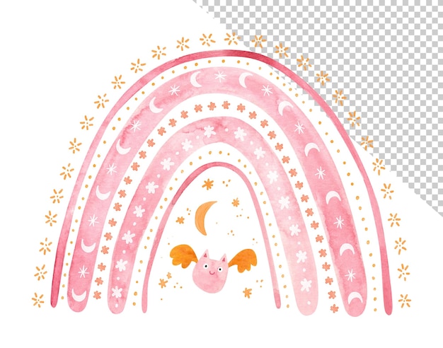 赤ちゃんコウモリとピンクのハロウィーンの虹 子供のためのかわいい水彩イラスト ハロウィーン PSD