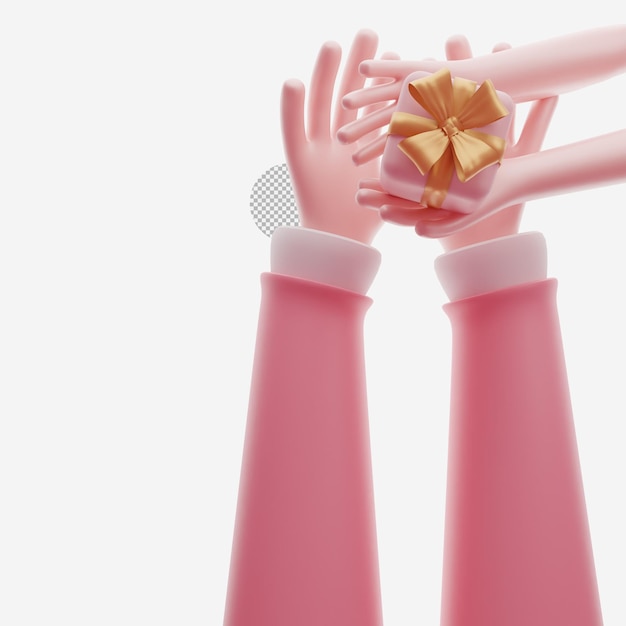 PSD a pink hand holding a small gold bow next to a pink hand holding a bottle of perfume.