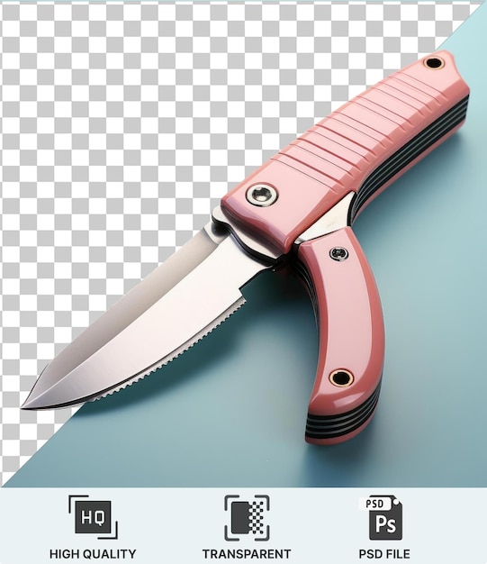 A pink handled knife rests on a blue table