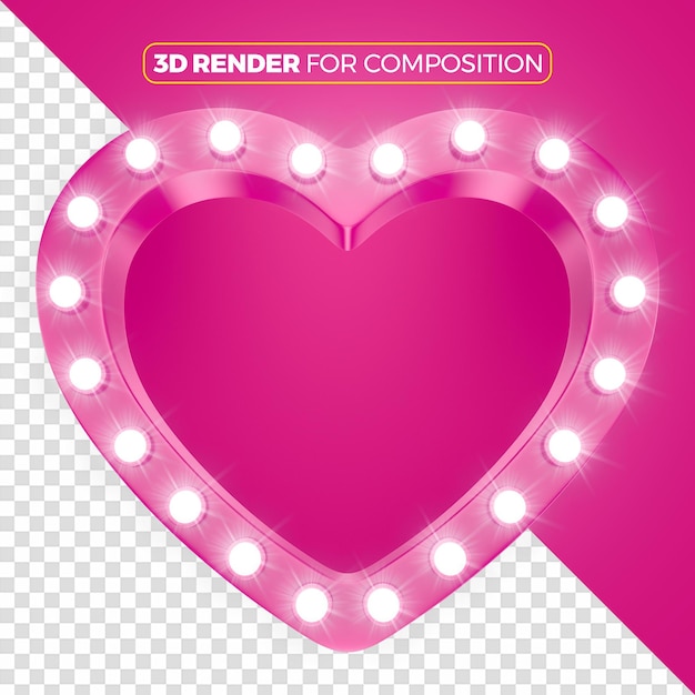 Pink heart with lights 3d render isolated for composition 2