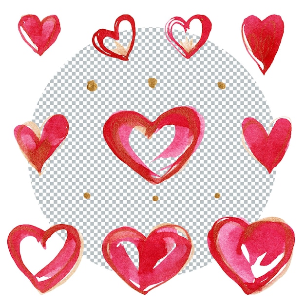 pink hearts and golden dots set of romantic watercolor elements