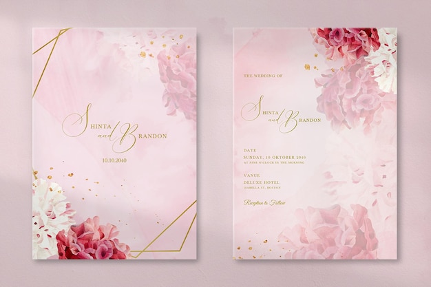 A pink invitation for a wedding with pink flowers and the word's on it