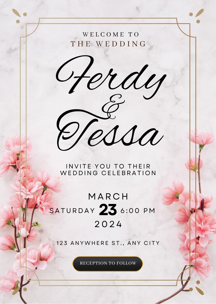 PSD pink japanese flower wedding invitation card 1