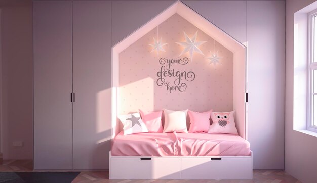 PSD pink kids bedroom interior design wall mockup 3d rendering