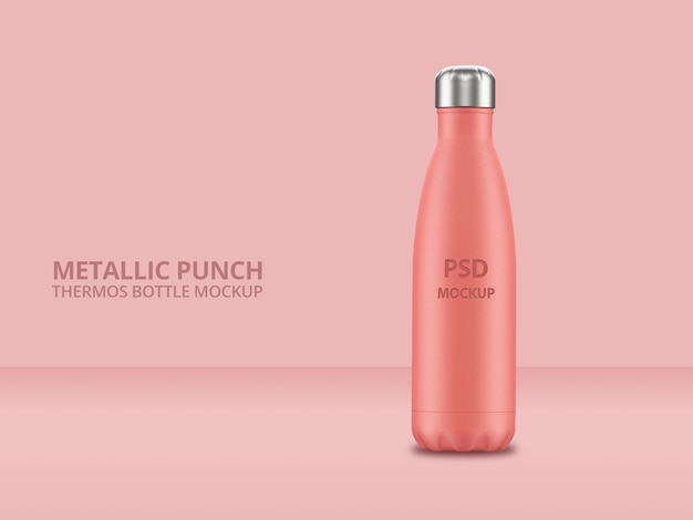 Bottiglia d'acqua riutilizzabile in metallo rosa con mockup effetto punch