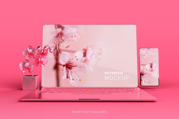 PSD creatore di scene mockup per laptop e smartphone macbook pro rosa metallizzato