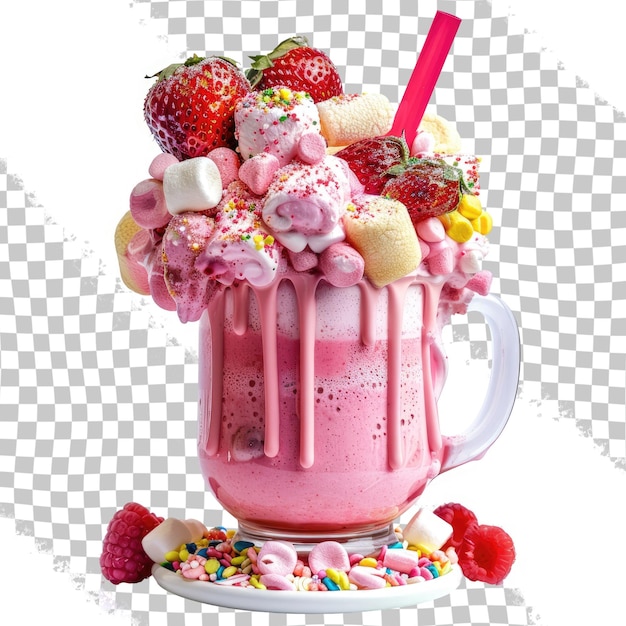 PSD a pink milkshake with a strawberries and candy on top of it