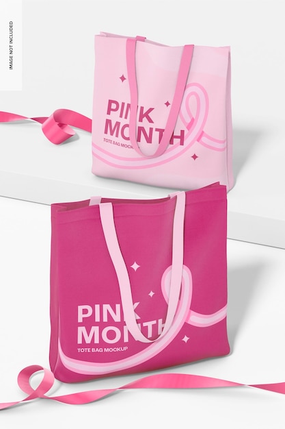 Pink month tote bags mockup, left and right view